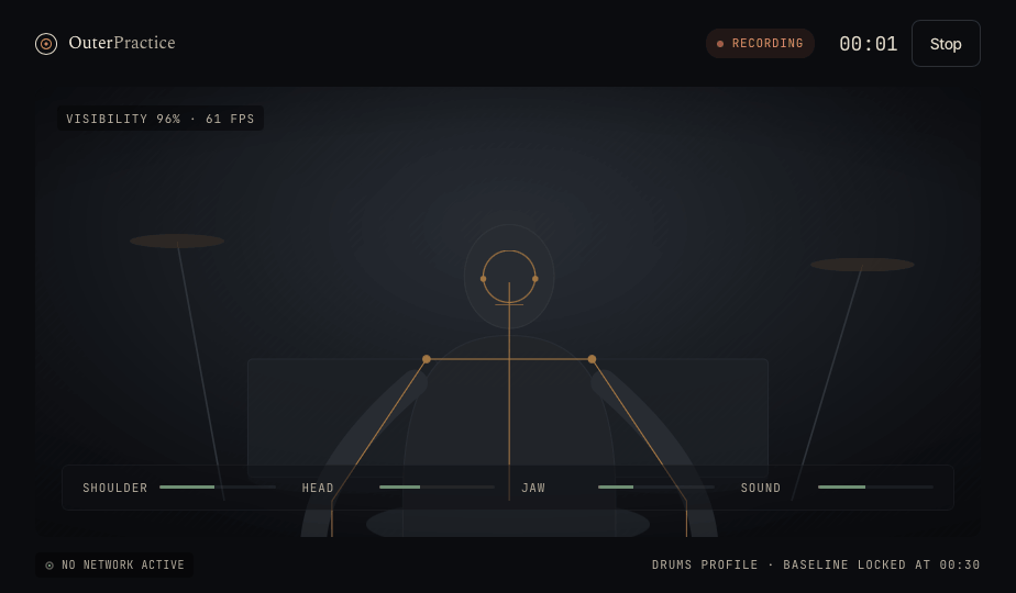 OuterPractice posture tracking with a skeleton overlay during practice