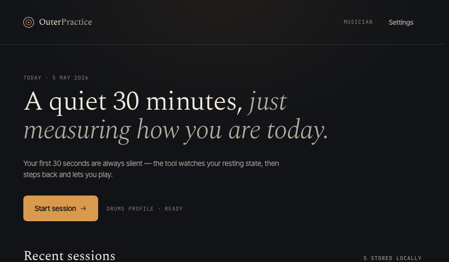 Dashboard showing recent sessions and progress overview
