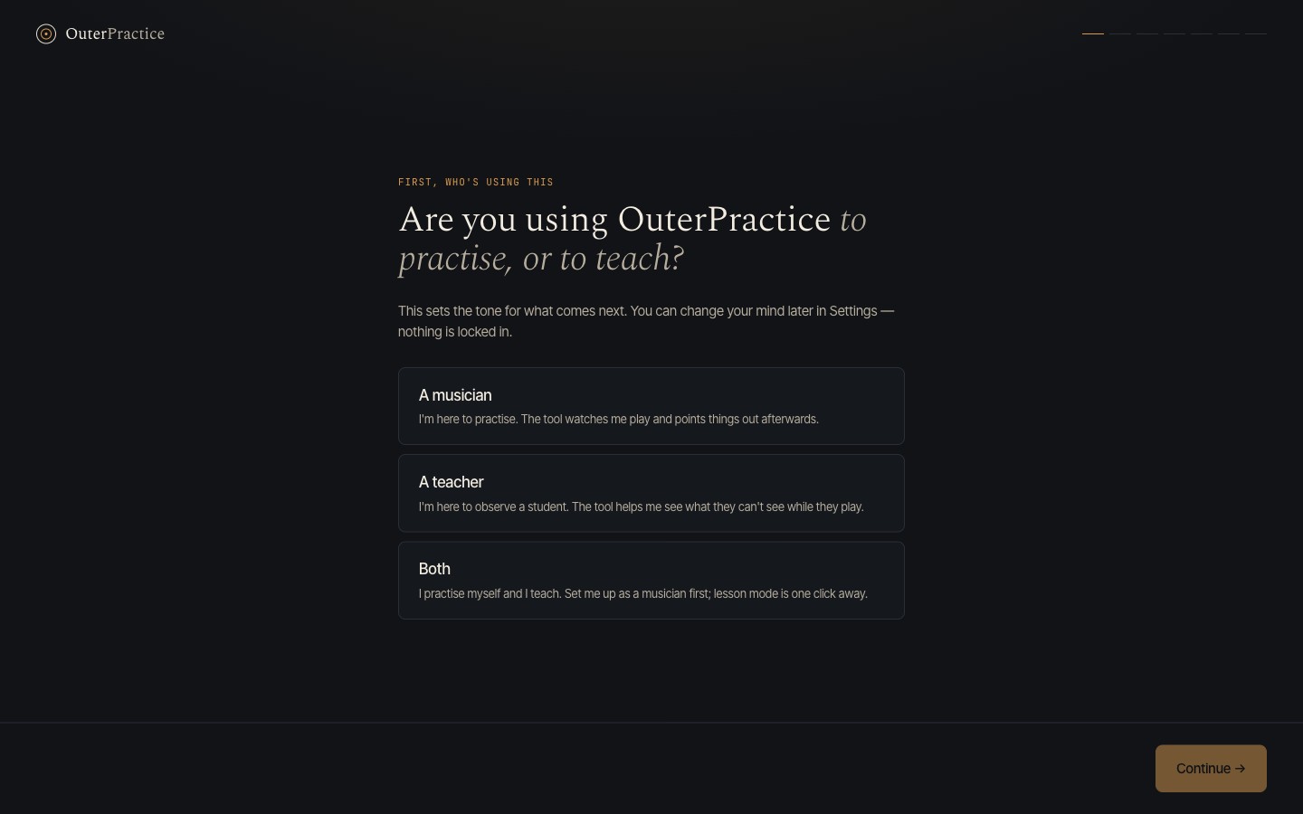 Onboarding — choosing whether you're a musician, a teacher, or both