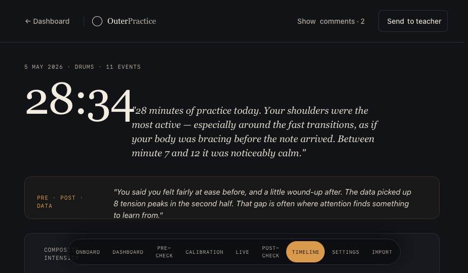 OuterPractice-tijdlijn van een oefensessie met observatiemarkeringen in de tweede helft
